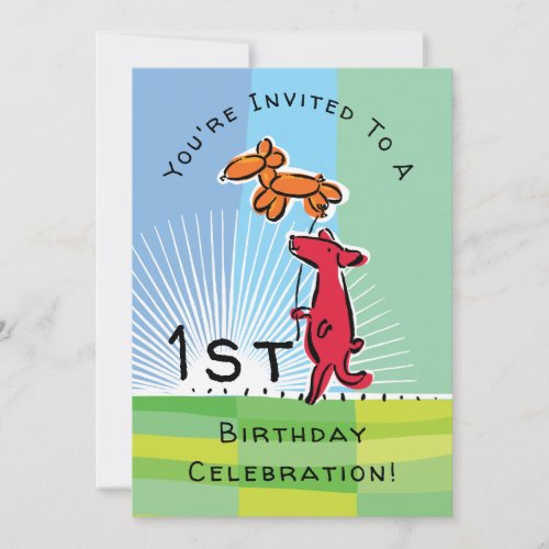 1st Birthday Red Dog with Doggie Balloon Party Invitation