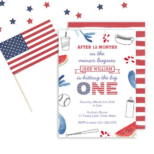 1st Birthday Red White Blue Baseball Party Invitation