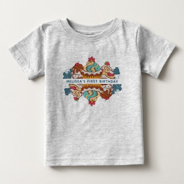 1st Birthday Retro Style Cupcakes Sweet Dessert Baby T-Shirt (Front)