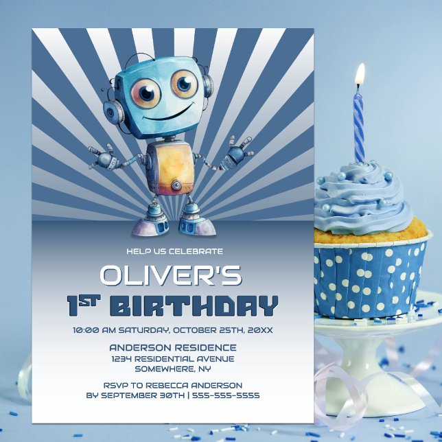 1st Birthday Robot Theme Party Invitation (Creator Uploaded)