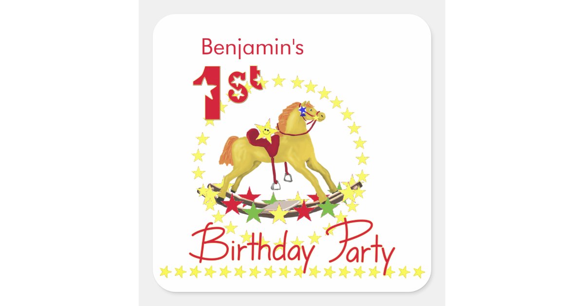 1st Birthday Rocking Horse Party Square Sticker Zazzle