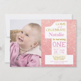 1st Birthday Rose Gold Glitter and Pink Photo Invitation
