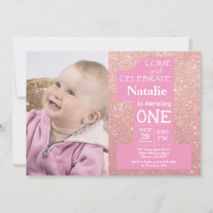 1st Birthday Rose Gold Glitter and Pink Photo Invitation