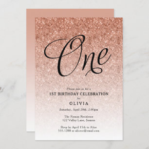 1st Birthday Rose Gold Ombre Glitter Invitation