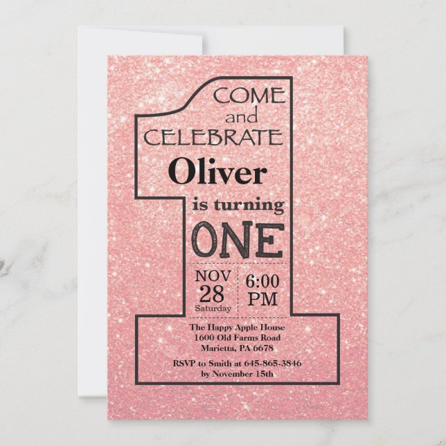 1st Birthday Rose Gold Pink Glitter Invitation (Front)