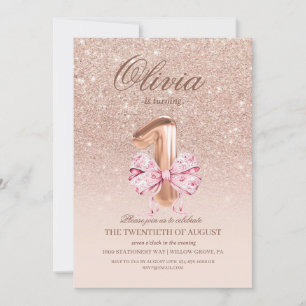 1st Birthday Rose Pink Gold Bow Birthday Party Invitation