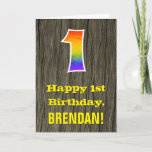 [ Thumbnail: 1st Birthday: Rustic Faux Wood Look, Rainbow "1" Card ]