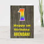 [ Thumbnail: 1st Birthday: Rustic Faux Wood Look, Rainbow "1" Card ]