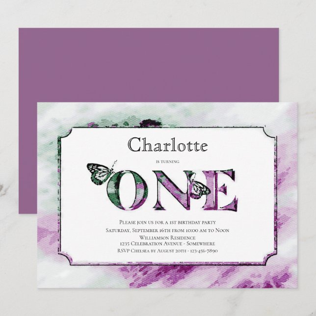 1st Birthday Rustic Purple Green Party Invitation (Front/Back)