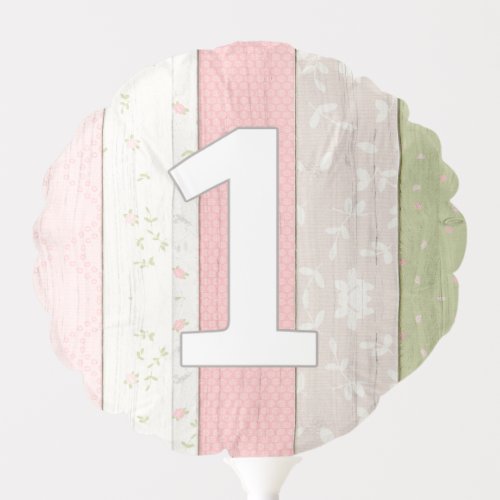 1st Birthday Rustic Sage Green  Pink Floral Wood Balloon