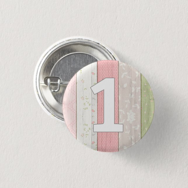 1st Birthday Rustic Sage Green & Pink Floral Wood Button (Front & Back)