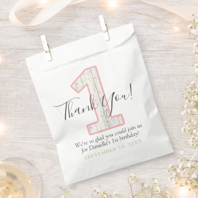 1st Birthday Rustic Shabby Chic Pink Floral Party Favor Bag (Clipped)