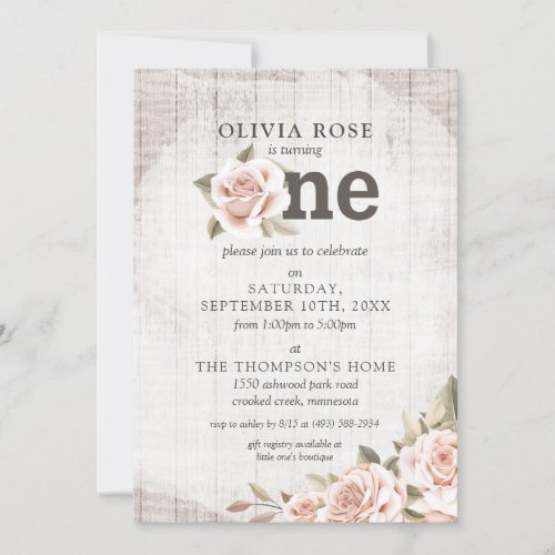 1st Birthday Rustic Wood Shabby Chic Roses Floral Invitation