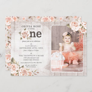 1st Birthday Rustic Wood Shabby Chic Roses Photo Invitation