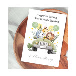 1st Birthday Safari Car Trio Birthday Card<br><div class="desc">This watercolour 1st birthday card is suitable for a boy or girl. The design includes birthday stars,  green and yellow birthday balloons,  and a safari car with an elephant,  giraffe and lion inside. All text is fully customisable.</div>