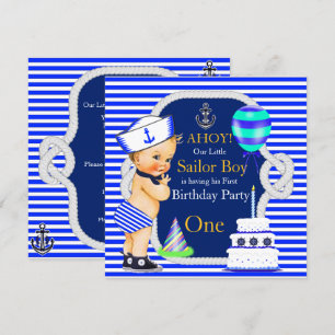 1st Birthday Sailor Boy Navy Blue Stripe Blonde Invitation