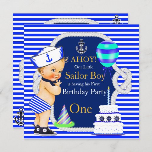 1st Birthday Sailor Boy Navy Blue Stripe Blonde Invitation