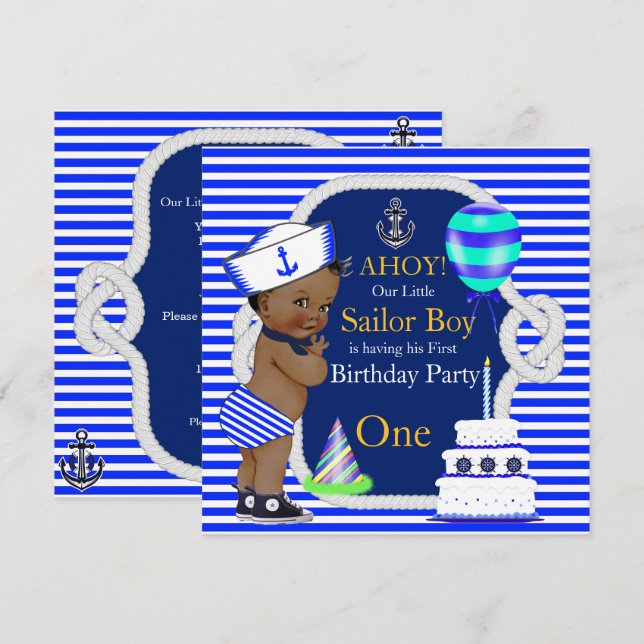 1st Birthday Sailor Boy Navy Blue Stripe Ethnic Invitation (Front/Back)