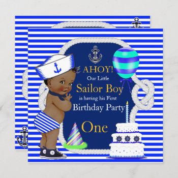 1st Birthday Sailor Boy Navy Blue Stripe Ethnic Invitation by VintageBabyShop at Zazzle