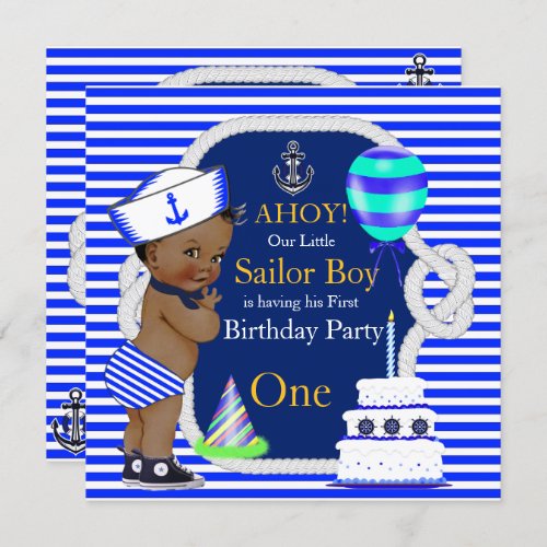 1st Birthday Sailor Boy Navy Blue Stripe Ethnic Invitation