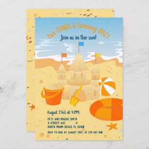 1st birthday sand castle and beach fun party invitation