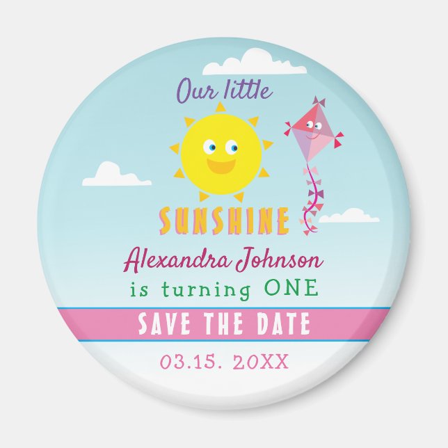 1st Birthday Save The Date Cute Sun and Pink Kite Magnet (Front)