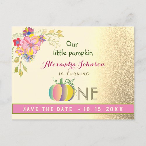 1st Birthday Save The Date Pumpkin Pink and Gold Announcement Postcard