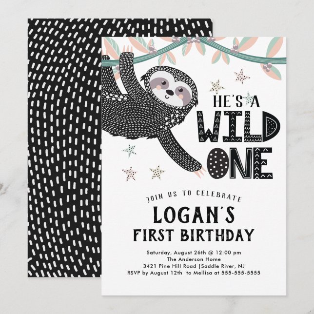 1st Birthday Sloth Birthday Invitation (Front/Back)