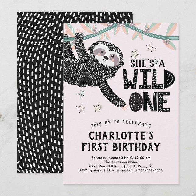 1st Birthday Sloth Birthday Invitation (Front/Back)