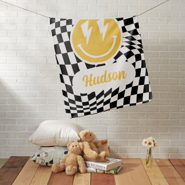 1st birthday smile face retro black white groovy baby blanket (In Situ)
