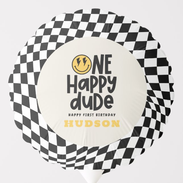 1st birthday smile face retro black white groovy balloon (Front)