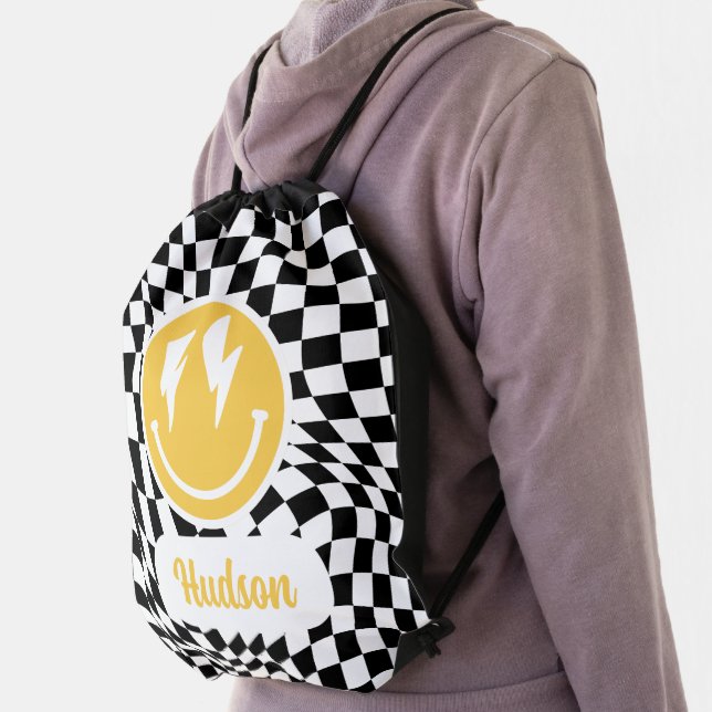 1st birthday smile face retro black white groovy drawstring bag (Insitu)