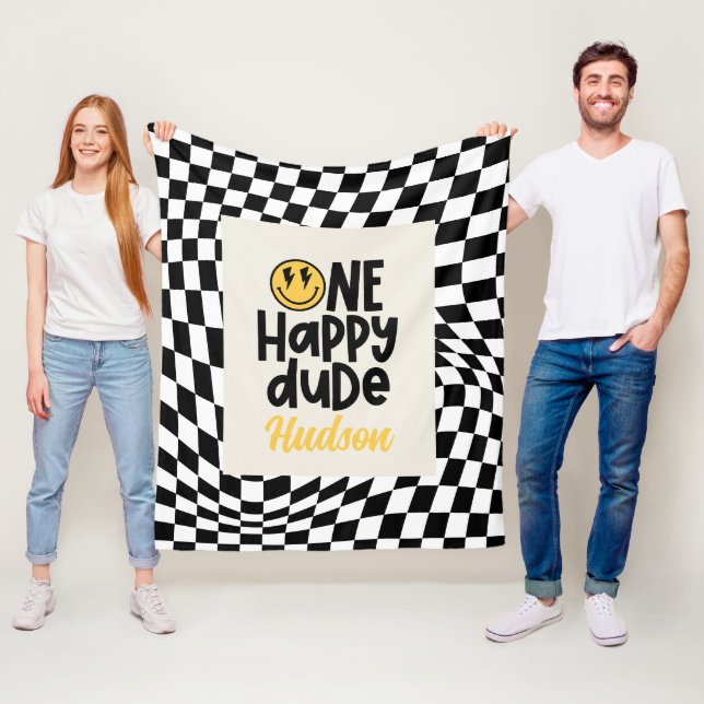 1st birthday smile face retro black white groovy fleece blanket (In Situ)