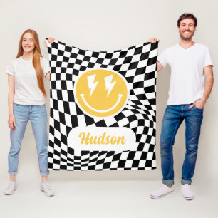 1st birthday smile face retro black white groovy fleece blanket