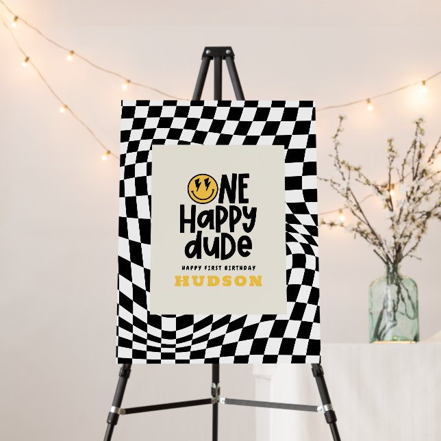 1st birthday smile face retro black white groovy foam board (In Situ (Stand))