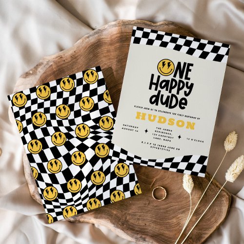 1st birthday smile face retro black white groovy invitation