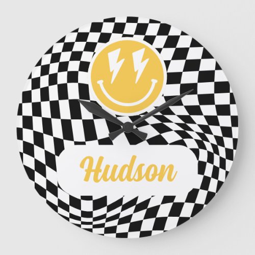 1st birthday smile face retro black white groovy large clock