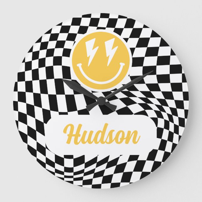 1st birthday smile face retro black white groovy large clock (Front)