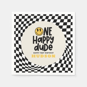 1st birthday smile face retro black white groovy napkins