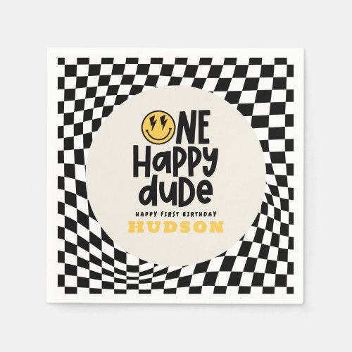 1st birthday smile face retro black white groovy napkins