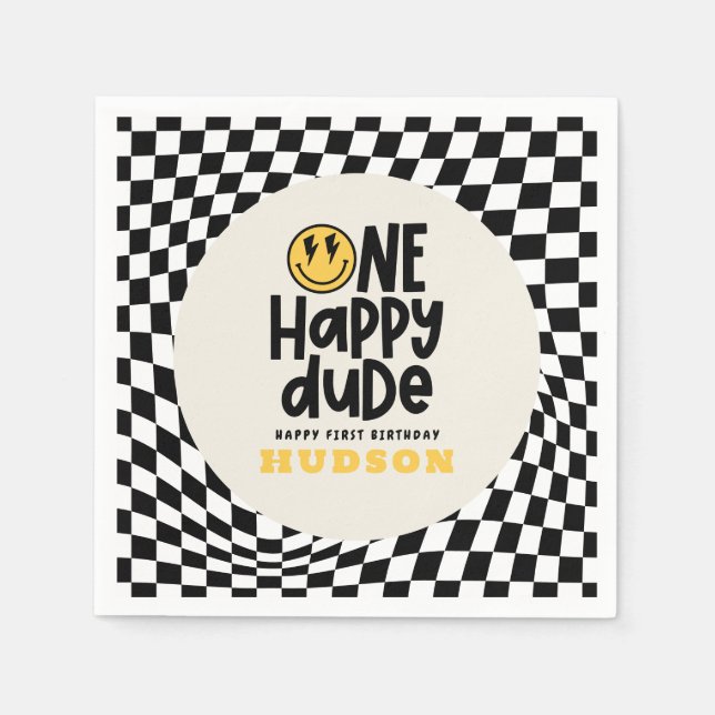 1st birthday smile face retro black white groovy napkins (Front)