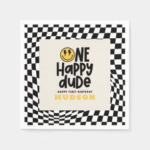 1st birthday smile face retro black white groovy napkins