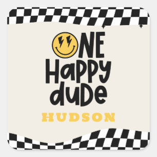 1st birthday smile face retro black white groovy square sticker