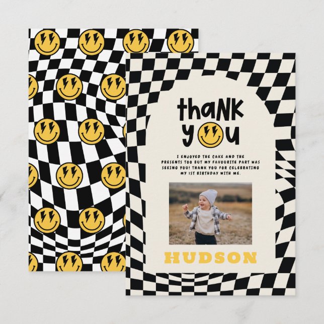 1st birthday smile face retro black white groovy thank you card (Front/Back)
