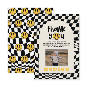 1st birthday smile face retro black white groovy thank you card