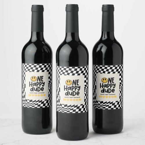 1st birthday smile face retro black white groovy wine label