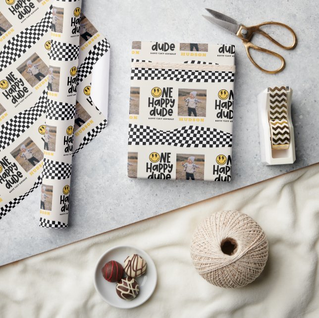 1st birthday smile face retro black white groovy wrapping paper (Crafts)