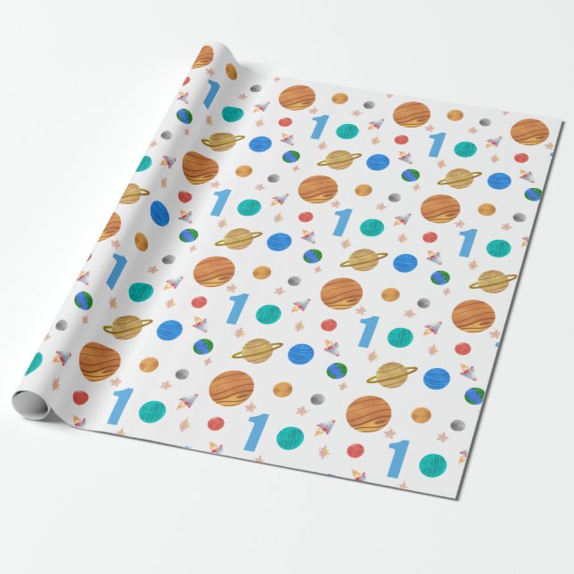 1st Birthday Solar System Planets Wrapping Paper (Unrolled)