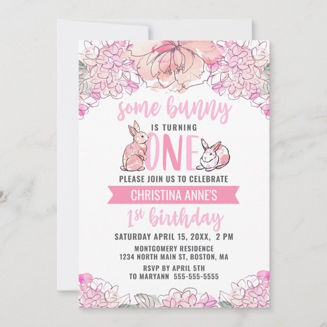 1st Birthday Some Bunny Pink Watercolor Floral  Invitation (Front)