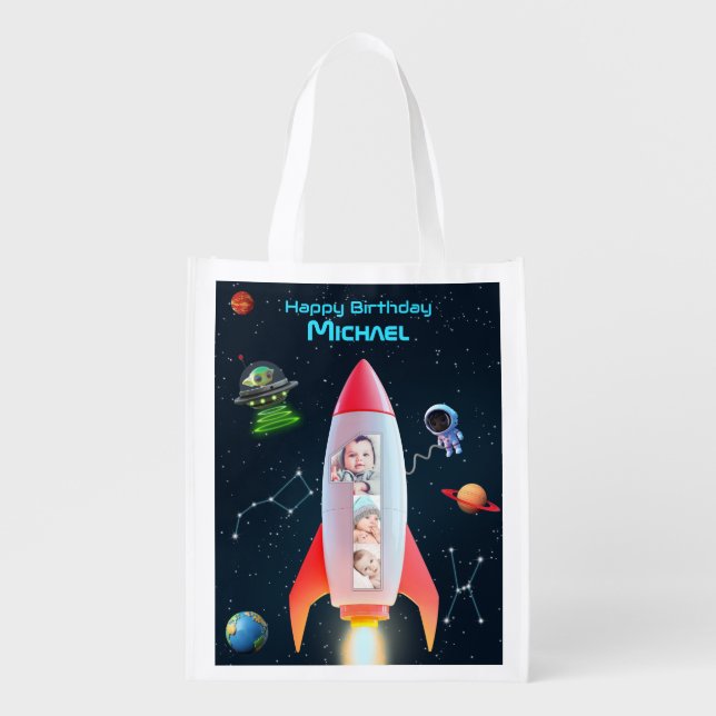 1st Birthday Space Rocket | Huge One Photo Collage Grocery Bag (Front)